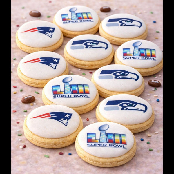 Cookies with Super Bowl logos and team emblems on a light background